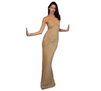 DSAoTeng Women's Shiny Sequin Off Shoulder Dress - Summer Sexy Glitter Strapless Bodycon Tube Maxi Dress, Sheer Mesh Twisted Ruched Mermaid Gown, Party Cocktail Prom Evening Outfit (Apricot,S)