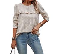 DSAoTeng Women's Solid Color Blouses Long Sleeve Back Button Round Neck Quilted Ruffled Trendy Shirts Fall Winter Casual Tops (M,Beige)