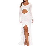 DSAoTeng Women's Tassel Cut Out See Through High Slit Ruffle Hem Mesh Long Dress-Elegant Sexy Long Sleeve High Low Cutout Dress for Evening Party (White,M)