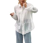 DSAoTeng Women's V Neck Hollow Embroidered Button Front Blouse Shirts-Elegant Casual Loose Long Sleeve Lace Boho Dressy Shirt for Fall (White)