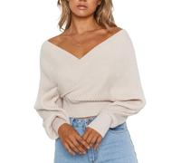 DSAoTeng Women's V Neck Long Sleeve Cross Wrap Front Off Shoulder Crop Sweaters-Casual Solid Color Knitted Pullover Fall Spring Tops (Apricot,M)