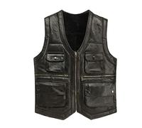 DSDFSVEW Mens Luxury Full Sheepskin Leather Gilet, Motorcycle Vest For Men, Winter Black Brown Leather Jacket With Pockets