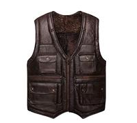DSDFSVEW Mens Luxury Full Sheepskin Leather Gilet, Motorcycle Vest For Men, Winter Black Brown Leather Jacket With Pockets