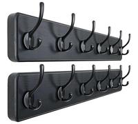 Dseap Coat Rack Wall: 60cm Long, Patented, Heavy-Duty, 6-Double-Hooks Wooden Wall Mounted Coat Rack Coat Hanger Hook Rail for Winter Coats Hat Jacket Clothing, Black, Pack of 2