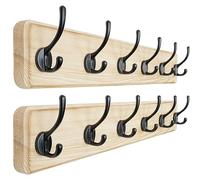 Dseap Coat Rack Wall: 60cm Long, Patented, Heavy-Duty, 6-Double-Hooks Wooden Wall Mounted Coat Rack Coat Hanger Hook Rail for Winter Coats Hat Jacket Clothing, Light Brown, Pack of 2