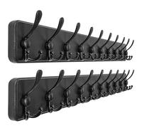 Dseap Coat Rack Wall - Heavy-Duty 97cm Long, with Reinforced 10 Custom Tri-Hooks, Solid Wood Wall Hanger for Coats Hat Jackets - Rustic Farmhouse Entryway Storage, Black, Pack of 2