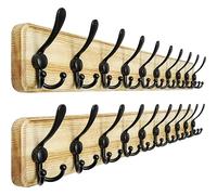 Dseap Coat Rack Wall - Heavy-Duty 97cm Long, with Reinforced 10 Custom Tri-Hooks, Solid Wood Wall Hanger for Coats Hat Jackets - Rustic Farmhouse Entryway Storage, Light Brown & Black, Pack of 2