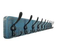 Dseap Coat Rack Wall - Heavy-Duty 97cm Long, with Reinforced 10 Custom Tri-Hooks, Solid Wood Wall Hanger for Coats Hat Jackets - Rustic Farmhouse Entryway Hallway Storage, Weathered Blue & Black
