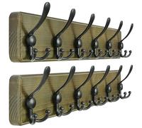 Dseap Coat Rack Wall Mount - 61cm Long, Patented, Heavy-Duty, 6-tri-Hooks, Barnwood-Style Wooden Wall Coat Hanger Hook Rail for Winter Coats Hat Jacket Clothing, Weathered Green & Black, Pack of 2