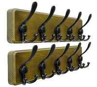 Dseap Coat Rack Wall Mount - Patented, Heavy-Duty, Barnwood-Style Wooden Wall Coat Hanger Hook Rail with 5 Triple Hooks for Winter Coats Hat Jacket Clothing, Weathered Green & Black, Pack of 2