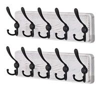 Dseap Coat Rack Wall Mount - Patented, Heavy-Duty, Shabby Chic Wooden Wall Coat Hanger Hook Rail with 5 Triple Hooks for Winter Coats Hat Jacket Clothing, Weathered White & Black, Pack of 2