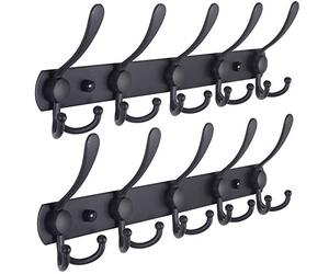 Dseap Coat Rack Wall Mounted - 5 Tri Hooks, Heavy Duty, Stainless Steel, Metal Coat Hook Rail for Coat Hat Towel Purse Robes Mudroom Bathroom Entryway (Black, Pack of 2)