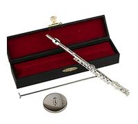 Dselvgvu Miniature Flute with Stand and Case Brass Mini Musical Instrument Flute Replica Collectible Figurines Dollhouse Accessories Model Home Decoration Display Ornament (Silver, 7.09")