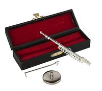 Dselvgvu Miniature Flute with Stand and Case Brass Mini Musical Instrument Flute Replica Collectible Figurines Dollhouse Accessories Model Home Decoration Display Ornament (Silver, 4.29")