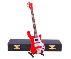 Dselvgvu Wooden Miniature Electric Bass Guitar with Stand and Case Mini Musical Instrument Electric Bass Guitar Replica Collectible Figurines Model Home Decoration Display Ornament (7.87"x2.36"x0.35")