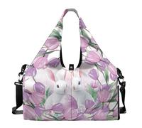 Dserfgiu EasterTravel Duffle Bag for Women, Tulip Bunny Gym Bag with Detachable Holder, Shoe Pocket Carry On Duffel Bag for Spring Event