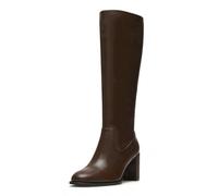 Dsevht Black Leather Knee High Boots for Women Chunky High Heeled Side Zipper Round Toe Fashion Dress Tall Long Boot, Brown, 8 UK