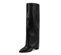Dsevht Black Leather Knee High Boots for Women Fold Over Chunky High Heel Pull on Pointed Toe Tall Long Dress Going Out Boot for Women, Black, 5 UK