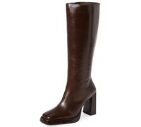 Dsevht Black Leather Knee High Boots for Women Platform Chunky Block Heeled Tall Long Boots Square Toe and Side Zipper Design Fashion Dress 70s Gogo Boot, Brown, 4 UK