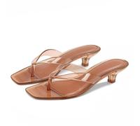 Dsevht Gold Kitten Heel Sandals for Women Flip Flop Strappy Mule heels Rounded Open Toe Heeled Thong Sandals Women, Nude Tan, 7 UK