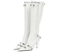 Dsevht Women's Stiletto Knee High Boots Sexy Pointed Toe Rivets Tassel Boot Fashion Studded High Heel Boots Zipper, White, 6.5 UK