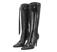 Dsevht Women's Stiletto Knee High Boots Sexy Pointed Toe Rivets Tassel Boot Fashion Studded High Heel Boots Zipper, Black, 6 UK