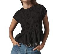Dsewpaur Women's Summer Cap Sleeve Peplum Babydoll Tops Smocked Ruched Crew Neck Tunic Shirt Casual Slim Fit Boho Cute Blouse, Black, M