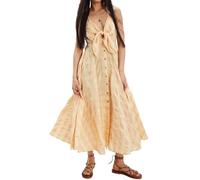 Dsewpuar Summer Gingham Bow Tie Button Front Maxi Dress for Women Sleeveless V Neck Beach Vacation Boho Flowy Long Dress, Yellow, L