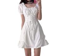 DSFG Lace Up Mini Lolita Dress Women Harajuku Punk Dark Aesthetic Emo Dresses Kawaii Fairy Grunge Alternative Clothes-White,S