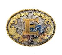 DSFIHJO Belt Buckle 2pcs Western 26 Initial Letters ABC to Z Cowboys Rodeo Gold Silver Oval Cowgirls Belt Buckle for Men and Women(Color-E)