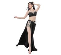 DSFIHJO Elegant Dance Outfit Belly Dance Costume Stretch Split Joint Nude Mesh Top Long Ruffled Skirt with Shimmy Fringes(Black,L)