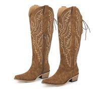 DSFIHJO Knee High Cowboy Boots Women Pointed Toe Side Zipper Embroidered Western Cowboy Boots Block Heel Cowgirl Booties(Color2,7)