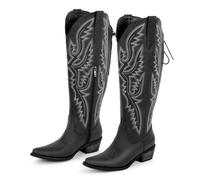 DSFIHJO Knee High Cowboy Boots Women Pointed Toe Side Zipper Embroidered Western Cowboy Boots Block Heel Cowgirl Booties(Color1,14)