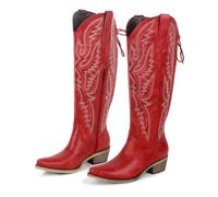 DSFIHJO Knee High Cowboy Boots Women Pointed Toe Side Zipper Embroidered Western Cowboy Boots Block Heel Cowgirl Booties(Color4,11)