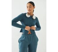 DSGN Studio Women's Ribbed Script Embroidery Button Through Long Sleeve Top in Teal | Size: Large