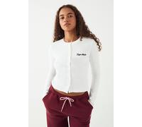 DSGN Studio Women's Ribbed Script Embroidery Button Through Long Sleeve Top in White | Size: Small