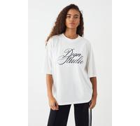 DSGN Studio Women's Script Embroidered Crew Neck Oversized T-Shirt in White | Size: XS
