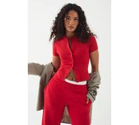 DSGN Studio Women's Script Embroidery Ribbed Button Through Short Sleeve Top in Red | Size: 2XL