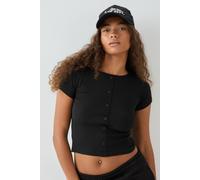 DSGN Studio Women's Square Script Embroidered Rib Fitted Button Through Top in Black | Size: XL