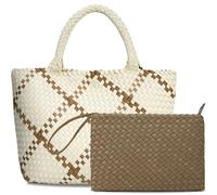DSGUTWO Large Woven Purse for Women, Neoprene Top-handle Shoulder Bag, Braided Handbags and Purses, Travel Hobo Tote Bags, Cream White&khaki, One Size