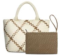 DSGUTWO Large Woven Purse for Women, Neoprene Top-handle Shoulder Bag, Braided Handbags and Purses, Travel Hobo Tote Bags, Apricot&khaki, One Size