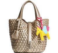 DSGUTWO Woven Handbags for Women Top Handle Satchel Handbag Basket Bucket Bag Small Woven Tote Bag Hobo Purses, Golden, 6.69 x 5.51 x 6.69 inches