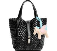 DSGUTWO Woven Handbags for Women Top Handle Satchel Handbag Basket Bucket Bag Small Woven Tote Bag Hobo Purses, Black, 6.69 x 5.51 x 6.69 inches