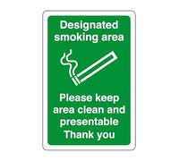Dsignated smoking area please keep area clean and presentable thank you - safety sign - 1.2mm Rigid plastic for indoor/outdoor usage (300mm x 200mm) Viewing Distance within 7m.