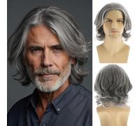 Dsimeig Men's Grey Wig Short Wavy Bob Wig Synthetic Cosplay Party Replacement Hair Wig