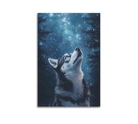 DSJXJZ Animal Fantasy Style Husky Gazing At Starry Sky Decorative Painting Canvas Wall Posters And Modern Family Bedroom Decor 24x36inch(60x90cm)