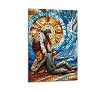 DSJXJZ Christian Stained Glass Style Jesus Helping Scene Decorative Painting Canvas Wall Posters And Modern Family Bedroom Decor 20x30inch(50x75cm)