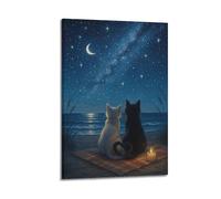 DSJXJZ Landscape Romantic Style Two Cats Moon Viewing By Sea Decorative Painting Canvas Wall Posters And Modern Family Bedroom Decor 08x12inch(20x30cm)