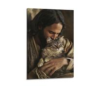DSJXJZ Man with Long Hair And Beard Embracing A Tabby Cat Decorative Painting Canvas Wall Posters And Modern Family Bedroom Decor 12x18inch(30x45cm)
