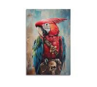 DSJXJZ Vivid Macaw with Pirate Style Accessory Perched on Skull Decorative Painting Canvas Wall Posters And Modern Family Bedroom Decor 20x30inch(50x75cm)